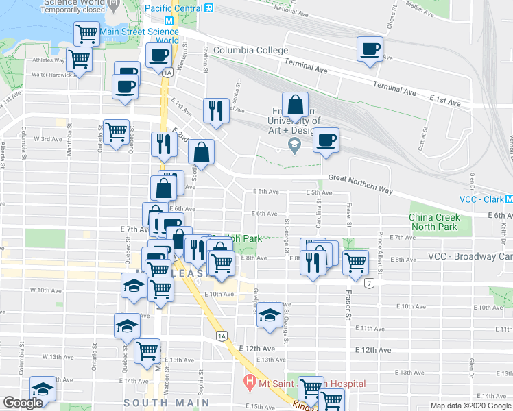 map of restaurants, bars, coffee shops, grocery stores, and more near 2175 Guelph Street in Vancouver