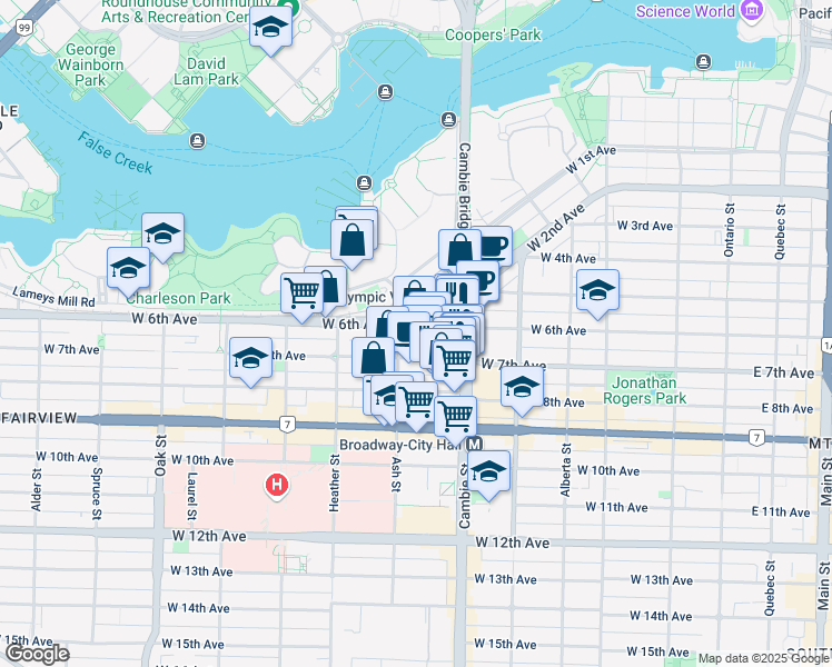 map of restaurants, bars, coffee shops, grocery stores, and more near 550 West 6th Avenue in Vancouver