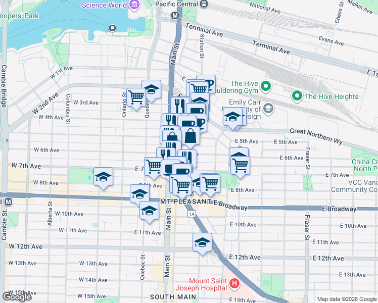 map of restaurants, bars, coffee shops, grocery stores, and more near 289 East 6th Avenue in Vancouver