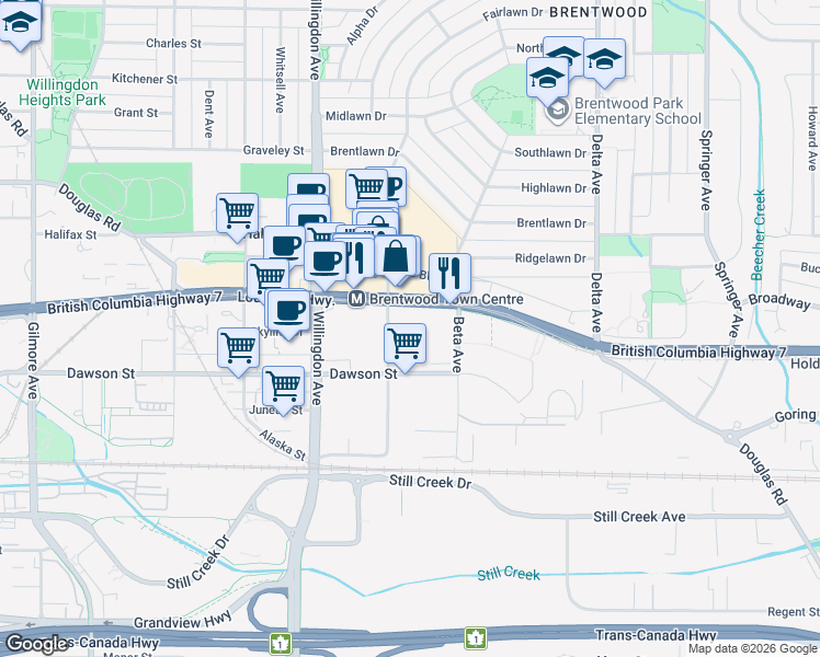 map of restaurants, bars, coffee shops, grocery stores, and more near 2040 Alpha Avenue in Burnaby