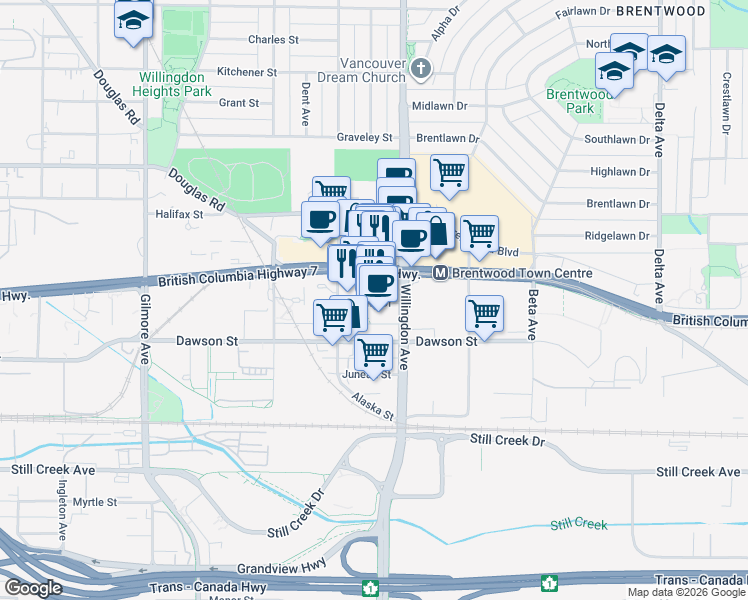 map of restaurants, bars, coffee shops, grocery stores, and more near 4007 Rosser Avenue in Burnaby