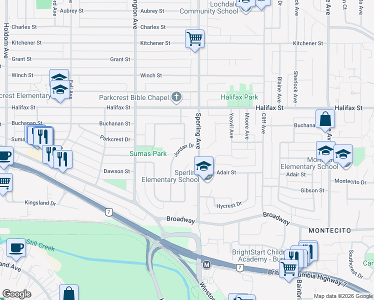 map of restaurants, bars, coffee shops, grocery stores, and more near 2030 Jordan Drive in Burnaby