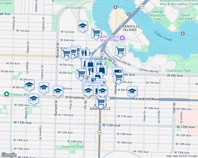 map of restaurants, bars, coffee shops, grocery stores, and more near in Vancouver