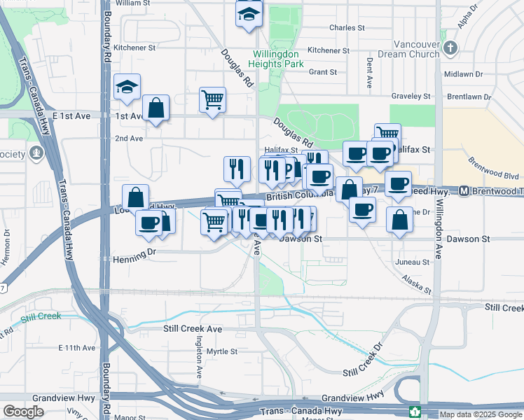 map of restaurants, bars, coffee shops, grocery stores, and more near 2186 Gilmore Avenue in Burnaby