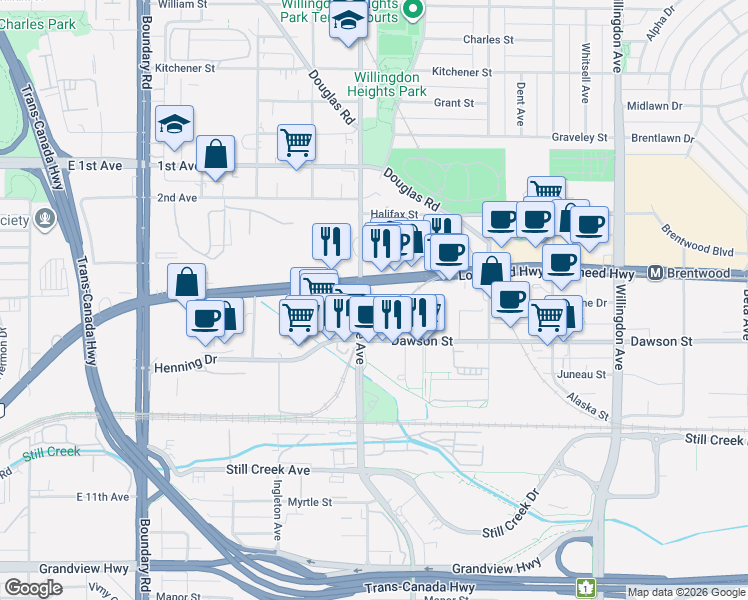 map of restaurants, bars, coffee shops, grocery stores, and more near 2108 Gilmore Avenue in Burnaby