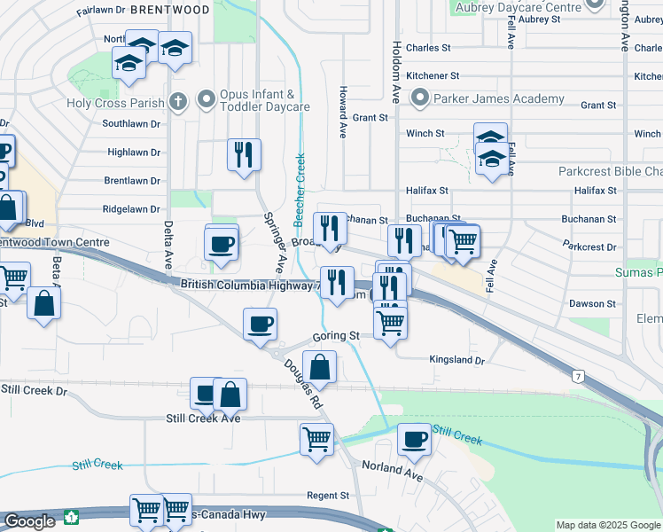 map of restaurants, bars, coffee shops, grocery stores, and more near 2082 Springer Avenue in Burnaby