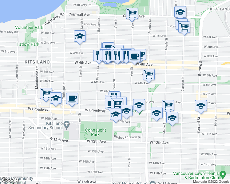 map of restaurants, bars, coffee shops, grocery stores, and more near 2292 West 7th Avenue in Vancouver