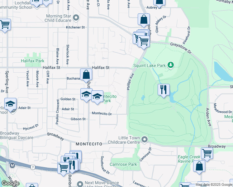 map of restaurants, bars, coffee shops, grocery stores, and more near 7330 Coronado Drive in Burnaby