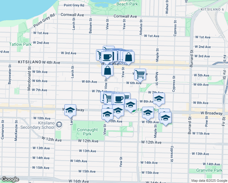 map of restaurants, bars, coffee shops, grocery stores, and more near 2256 West 7th Avenue in Vancouver