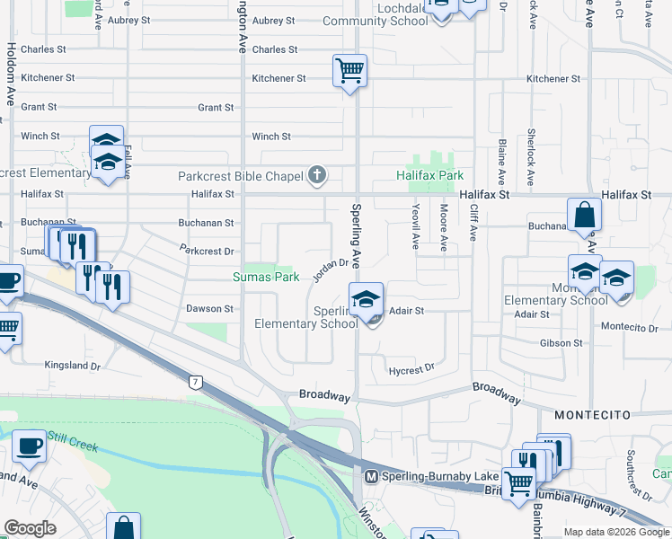 map of restaurants, bars, coffee shops, grocery stores, and more near 6693 Sumas Drive in Burnaby