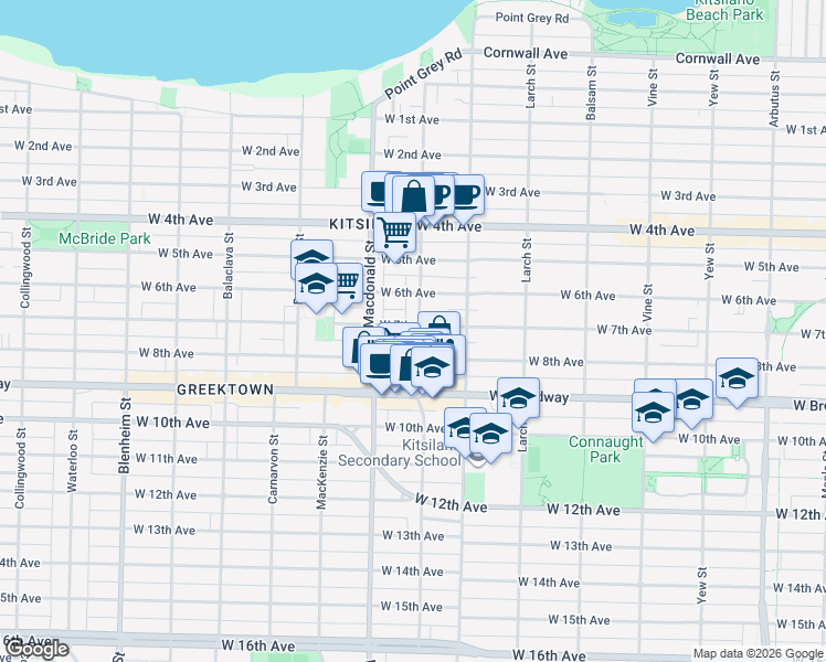 map of restaurants, bars, coffee shops, grocery stores, and more near 2301 Stephens Street in Vancouver