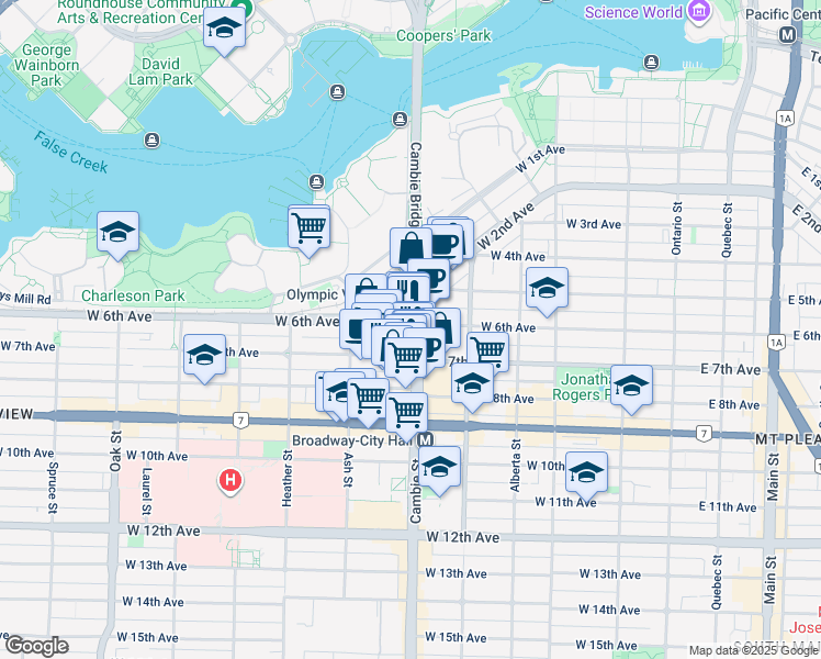 map of restaurants, bars, coffee shops, grocery stores, and more near 2207 Cambie Street in Vancouver
