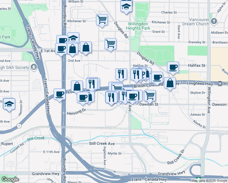map of restaurants, bars, coffee shops, grocery stores, and more near 3993 Lougheed Highway in Burnaby