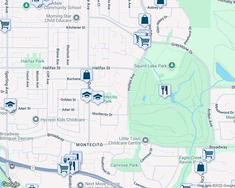 map of restaurants, bars, coffee shops, grocery stores, and more near 7332 Coronado Drive in Burnaby