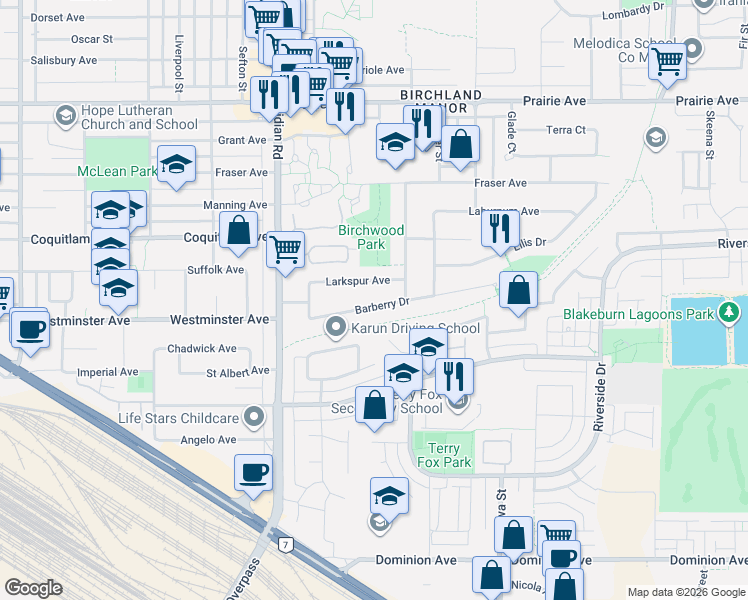 map of restaurants, bars, coffee shops, grocery stores, and more near 1341 Barberry Drive in Port Coquitlam