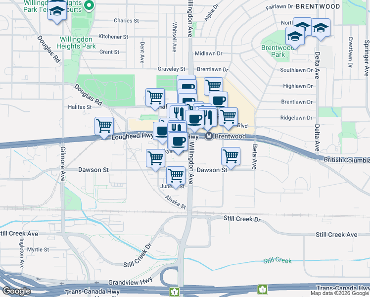 map of restaurants, bars, coffee shops, grocery stores, and more near 4485 Skyline Drive in Burnaby