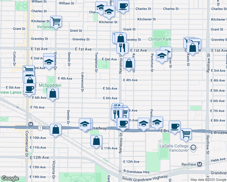map of restaurants, bars, coffee shops, grocery stores, and more near 2336 East 5th Avenue in Vancouver