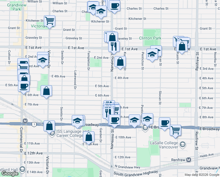 map of restaurants, bars, coffee shops, grocery stores, and more near 2388 East 5th Avenue in Vancouver