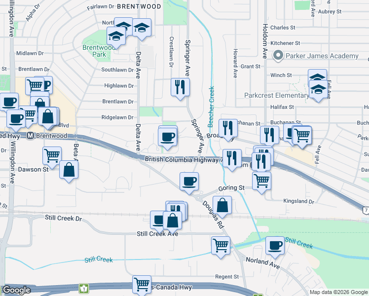 map of restaurants, bars, coffee shops, grocery stores, and more near 2020 Bellwood Avenue in Burnaby