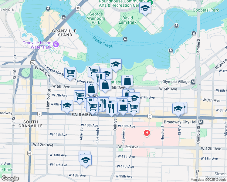 map of restaurants, bars, coffee shops, grocery stores, and more near 2217 Oak Street in Vancouver