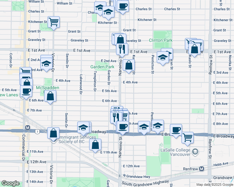 map of restaurants, bars, coffee shops, grocery stores, and more near 2382 East 5th Avenue in Vancouver