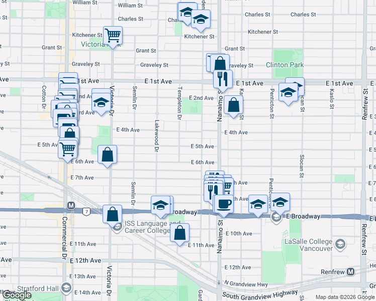 map of restaurants, bars, coffee shops, grocery stores, and more near 2236 East 5th Avenue in Vancouver