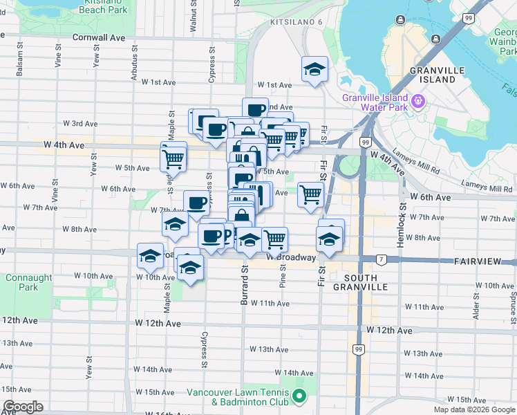 map of restaurants, bars, coffee shops, grocery stores, and more near 1777 West 7th Avenue in Vancouver