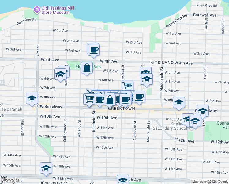 map of restaurants, bars, coffee shops, grocery stores, and more near 3144 West 7th Avenue in Vancouver