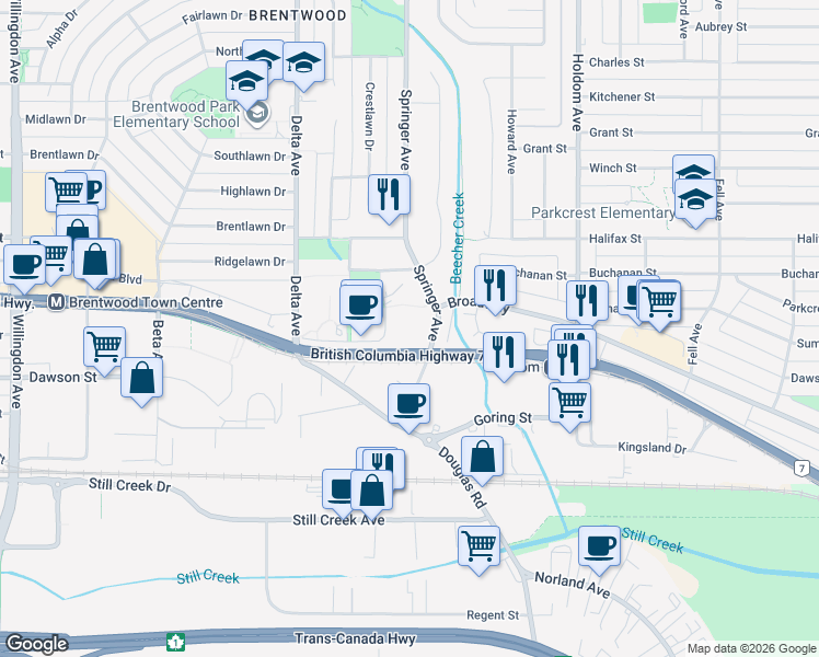 map of restaurants, bars, coffee shops, grocery stores, and more near 2020 Bellwood Avenue in Burnaby