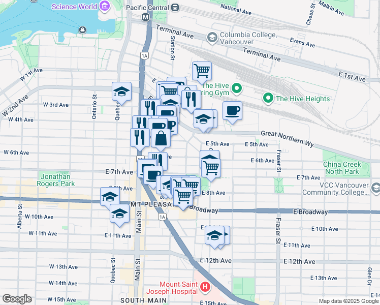 map of restaurants, bars, coffee shops, grocery stores, and more near in Vancouver