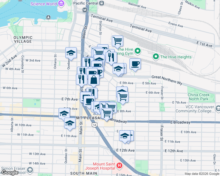 map of restaurants, bars, coffee shops, grocery stores, and more near in Vancouver