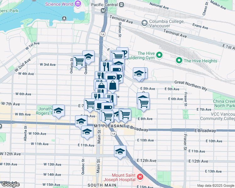 map of restaurants, bars, coffee shops, grocery stores, and more near in Vancouver