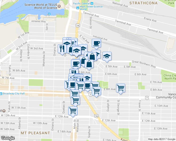 map of restaurants, bars, coffee shops, grocery stores, and more near 2050 Scotia Street in Vancouver