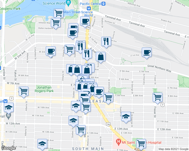 map of restaurants, bars, coffee shops, grocery stores, and more near in Vancouver