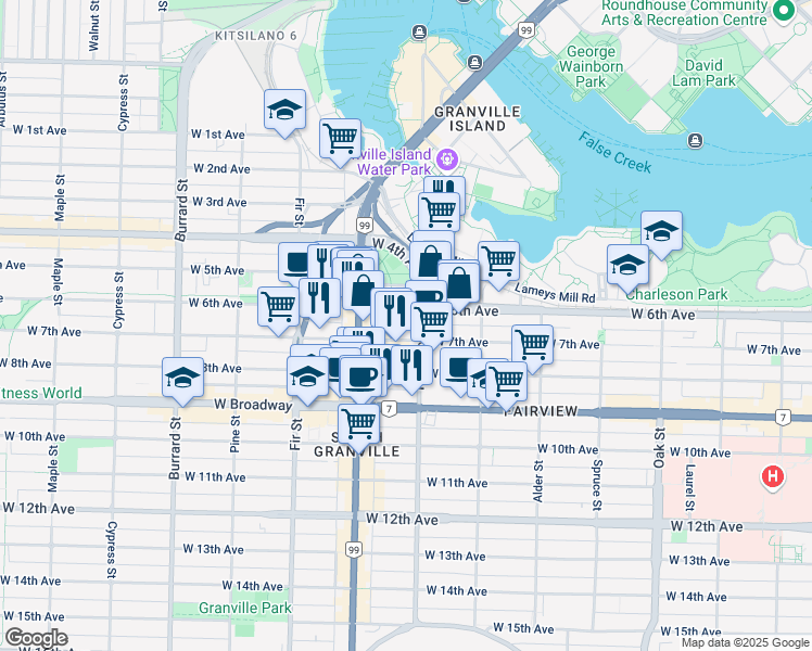 map of restaurants, bars, coffee shops, grocery stores, and more near 401 West 6th Avenue in Vancouver