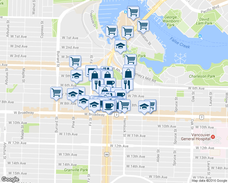 map of restaurants, bars, coffee shops, grocery stores, and more near in Vancouver