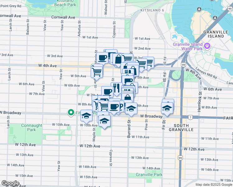 map of restaurants, bars, coffee shops, grocery stores, and more near 1874 West 7th Avenue in Vancouver