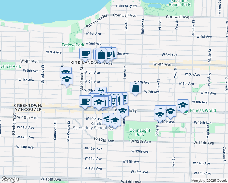 map of restaurants, bars, coffee shops, grocery stores, and more near in Vancouver