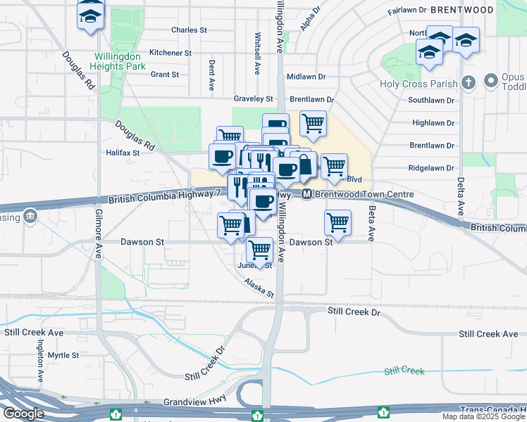 map of restaurants, bars, coffee shops, grocery stores, and more near 4465 Skyline Drive in Burnaby