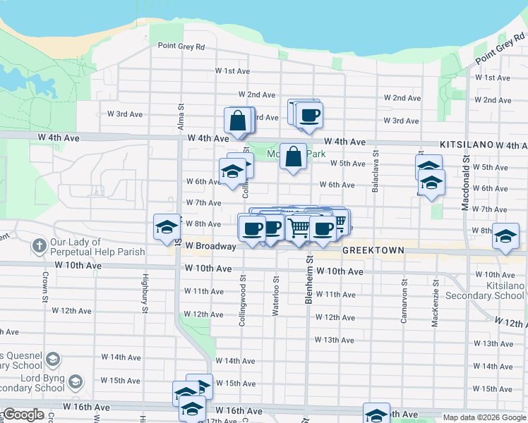 map of restaurants, bars, coffee shops, grocery stores, and more near 3428 West 7th Avenue in Vancouver