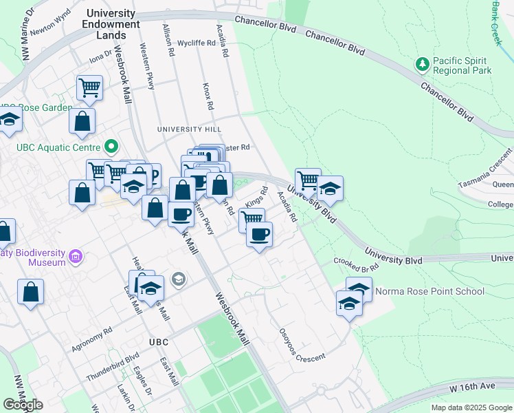 map of restaurants, bars, coffee shops, grocery stores, and more near 5568 Kings Road in University Endowment Lands