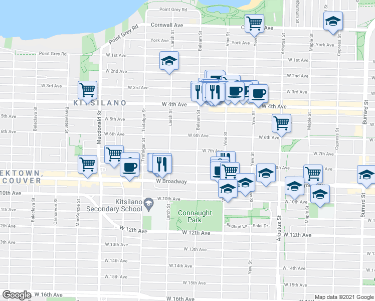 map of restaurants, bars, coffee shops, grocery stores, and more near 2439 West 7th Avenue in Vancouver
