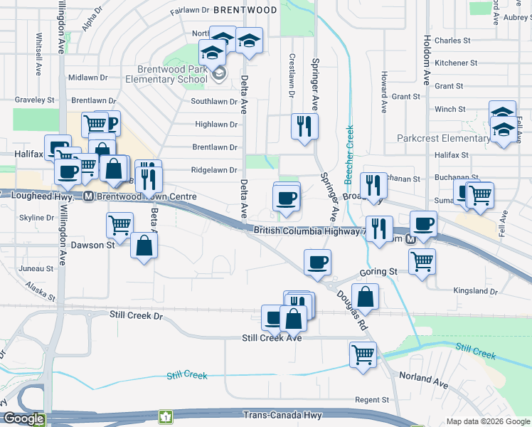 map of restaurants, bars, coffee shops, grocery stores, and more near 5051 Lougheed Highway in Burnaby