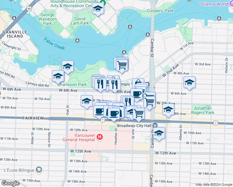 map of restaurants, bars, coffee shops, grocery stores, and more near 2245 Heather Street in Vancouver