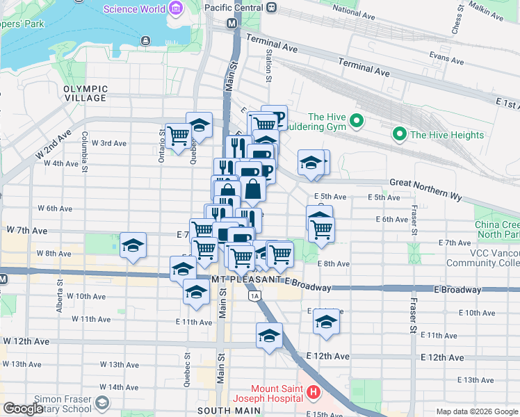 map of restaurants, bars, coffee shops, grocery stores, and more near 311 East 6th Avenue in Vancouver
