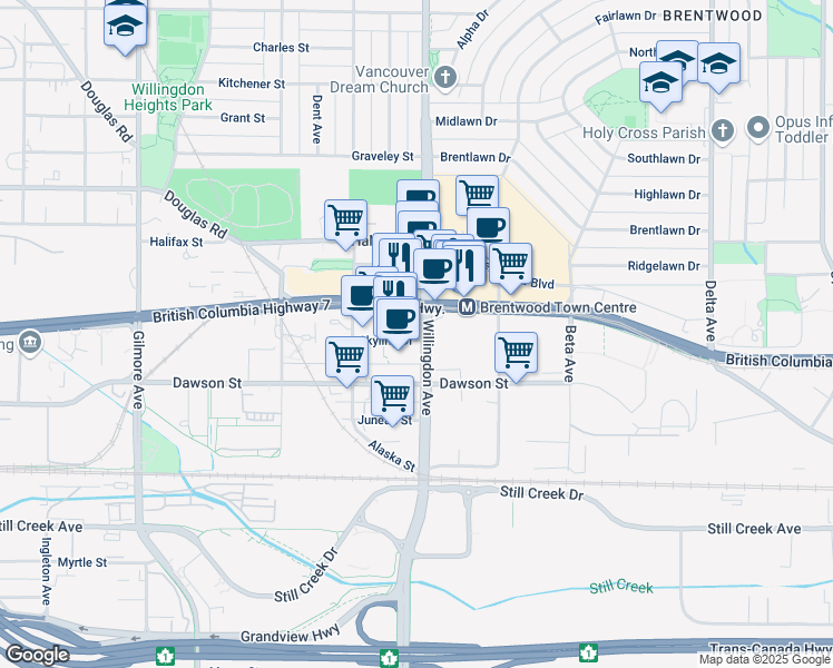 map of restaurants, bars, coffee shops, grocery stores, and more near in Burnaby