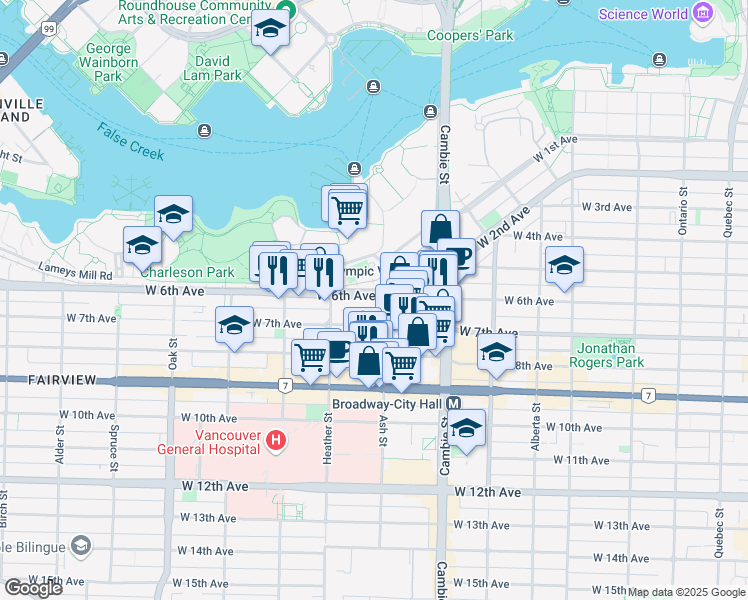 map of restaurants, bars, coffee shops, grocery stores, and more near 638 West 6th Avenue in Vancouver