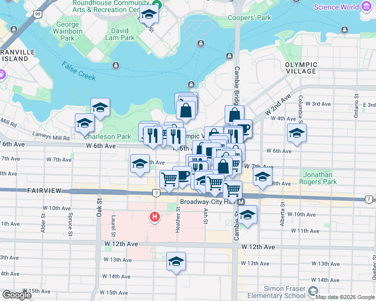 map of restaurants, bars, coffee shops, grocery stores, and more near 668-676 West 6th Avenue in Vancouver