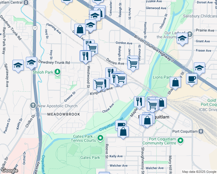 map of restaurants, bars, coffee shops, grocery stores, and more near 2617 Kingsway Avenue in Port Coquitlam