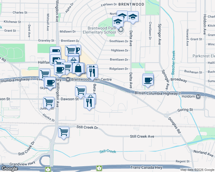 map of restaurants, bars, coffee shops, grocery stores, and more near 4730 Lougheed Highway in Burnaby